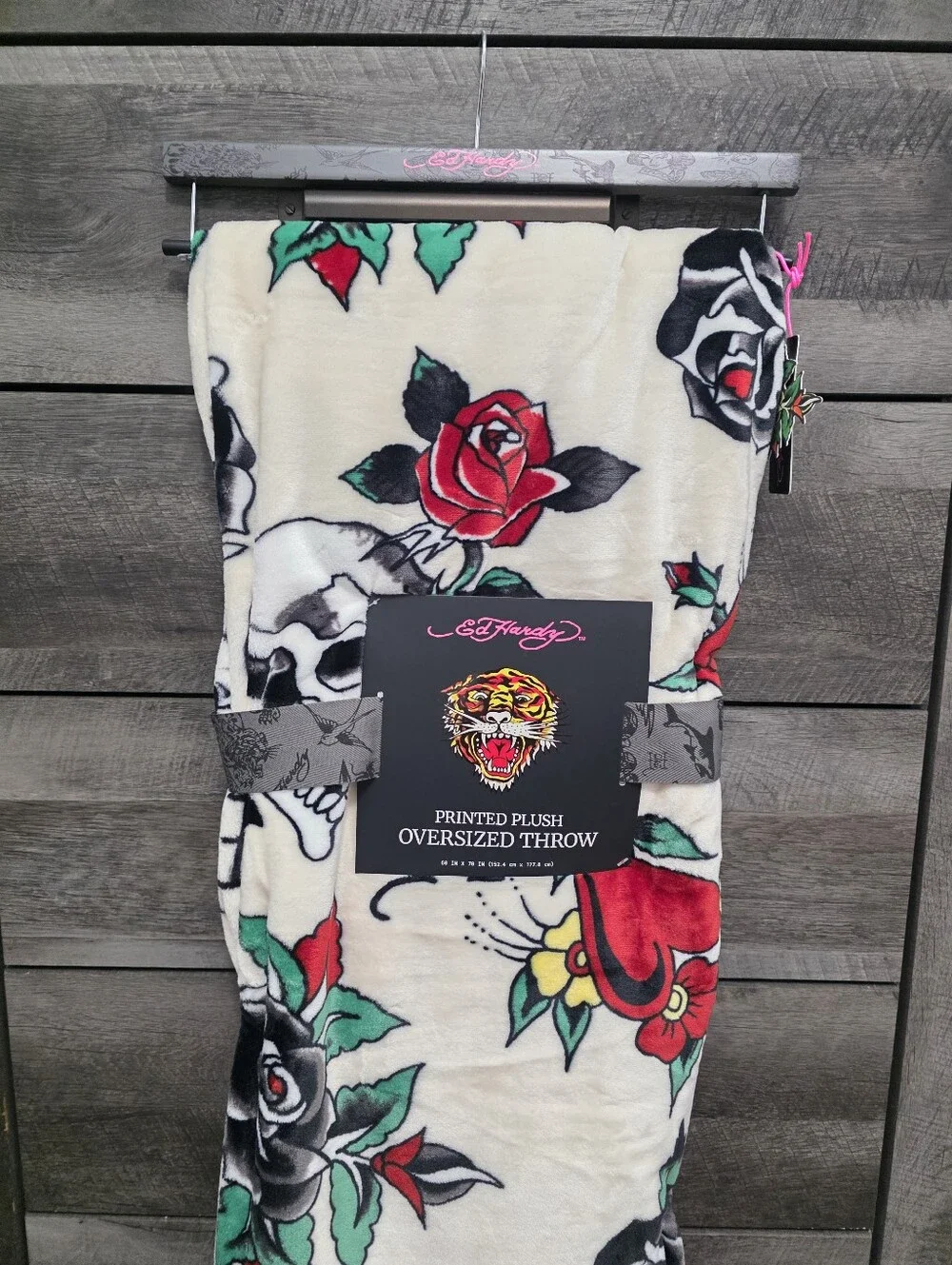 Ed Hardy Skulls & Roses Oversized Throw Blanket New